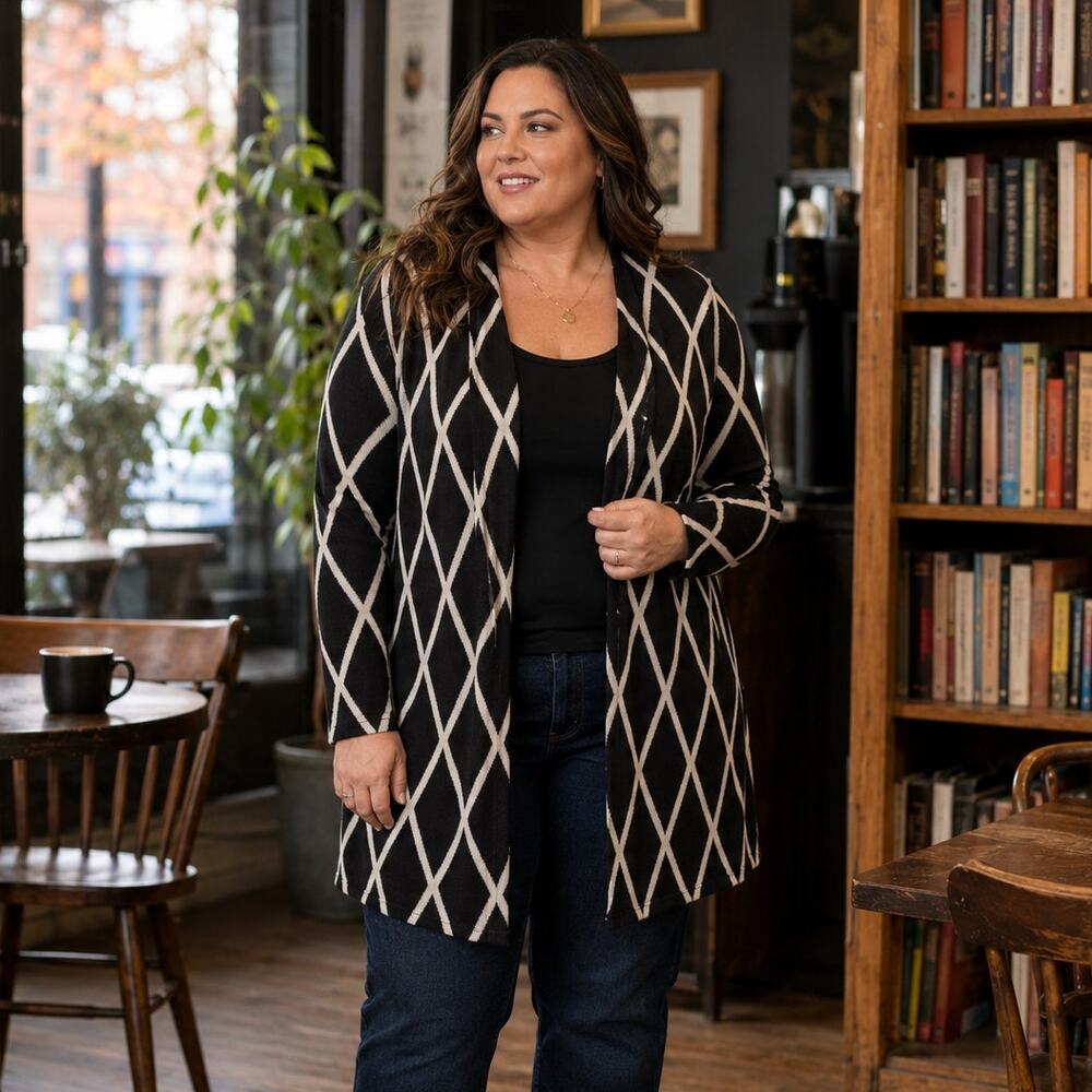 Black Cream Geometric Open Front Longline Cardigan 2X Cotton Modal Plus Size